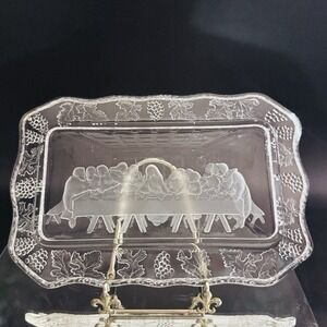 Vintage‎ Indiana Glass Clear Pressed Glass Serving Plate Dish The Last Supper